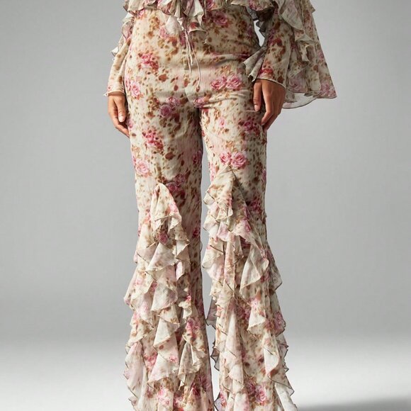 Multicolor Boho Women's Floral Ruffled Bell Bottom Pants - Picture 4 of 5